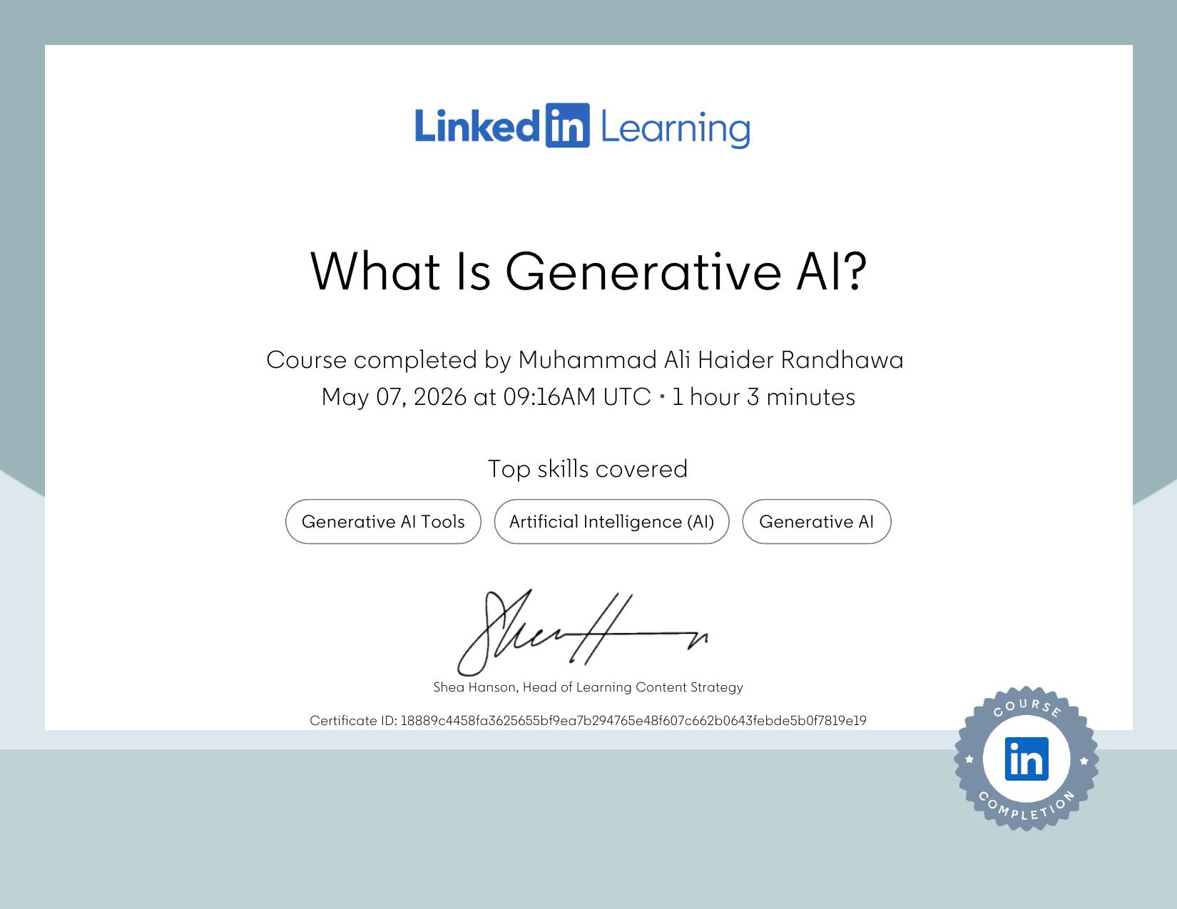 LinkedIn Learning certificate for What Is Generative AI?